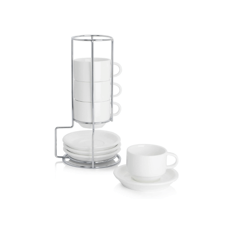 Stackable Coffee Cups with Saucers and Metal Stand