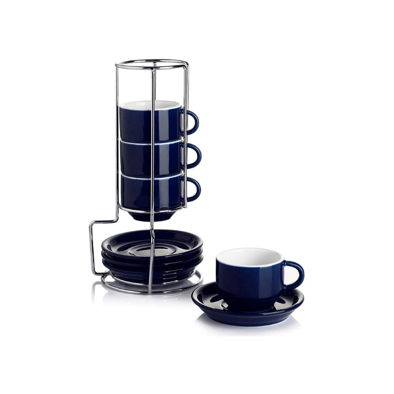 Stackable Coffee Cups with Saucers and Metal Stand - Thumbnail 2