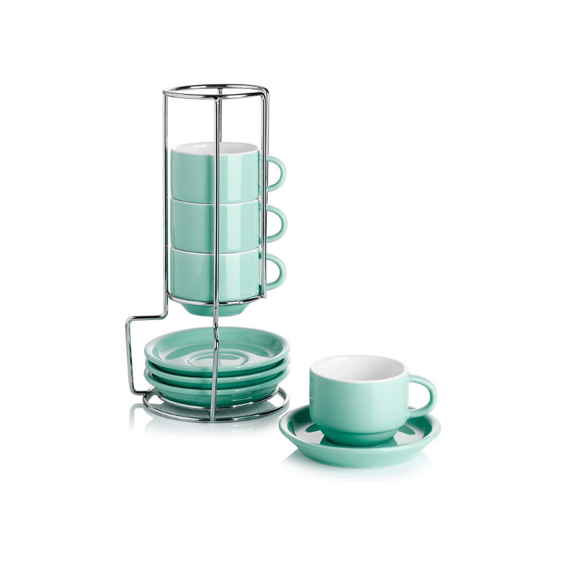 Stackable Porcelain Espresso Cup & Saucer 9 pc. Set - White - Kitchen &  Company