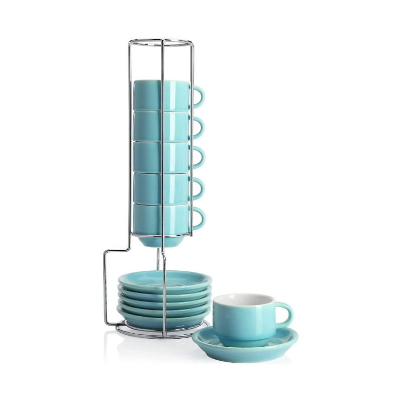 Sweese Porcelain Stackable Espresso Cups With Saucers And Metal